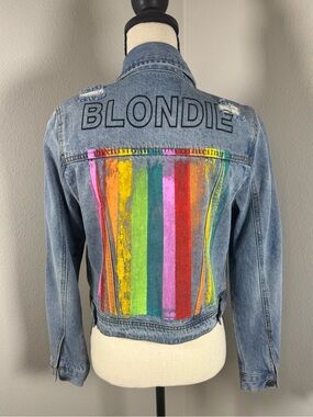 Judith March “Blondie” Rainbow Distressed Denim Jacket S NWOT